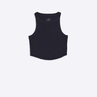 Black ribbed crop racer top | River Island