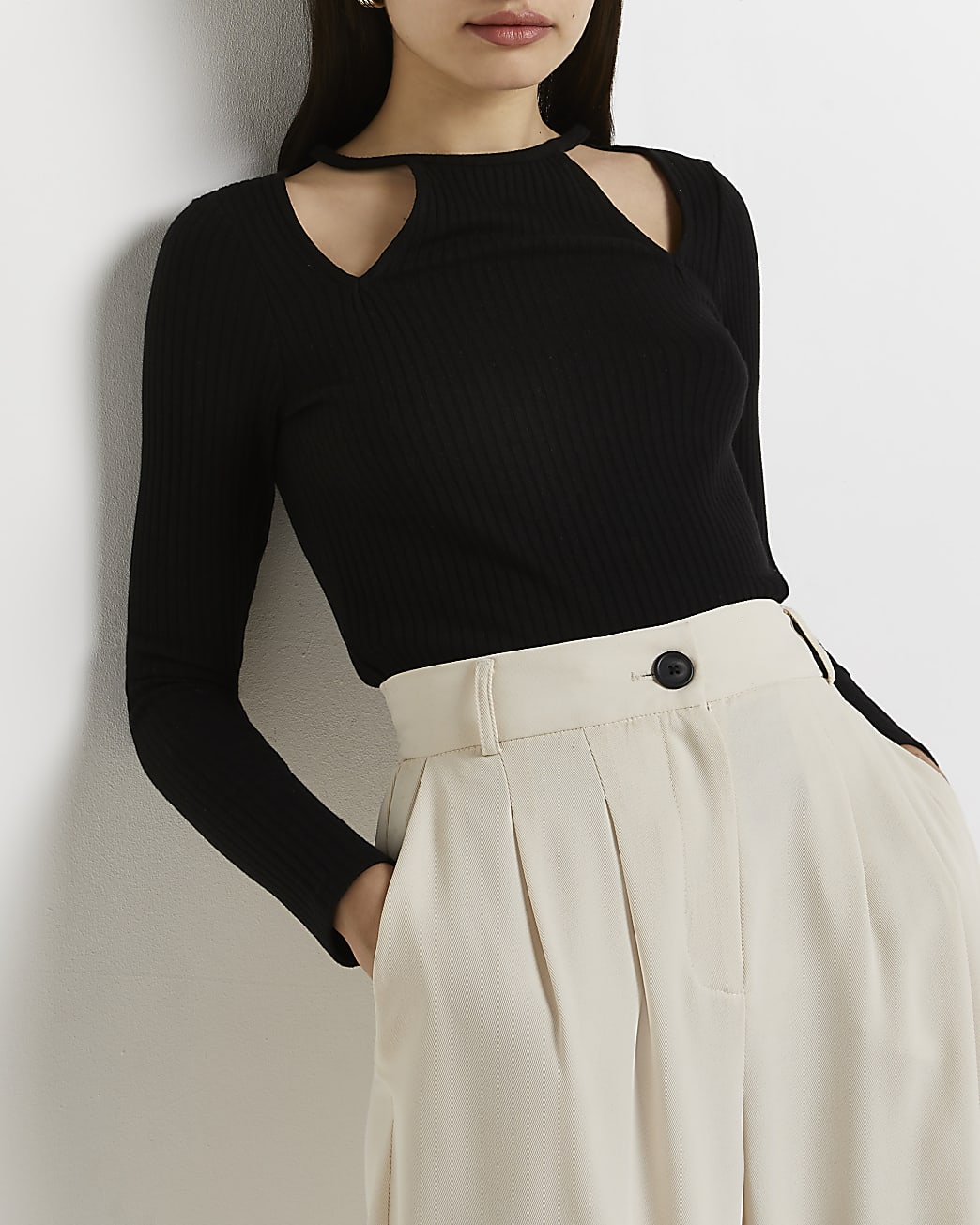 Black ribbed cut out knit top