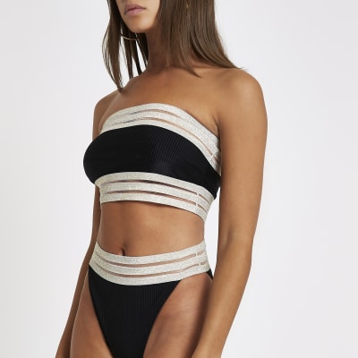 black ribbed bandeau bikini