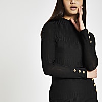 Black ribbed high neck button sleeve top