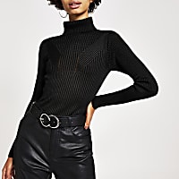Black ribbed knit roll neck top