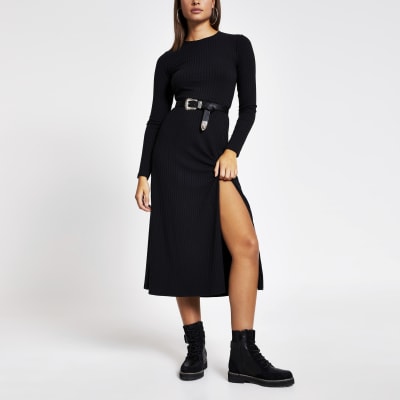 ribbed side split midi dress