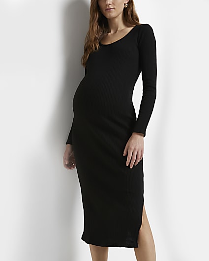 Black ribbed maternity midi dress