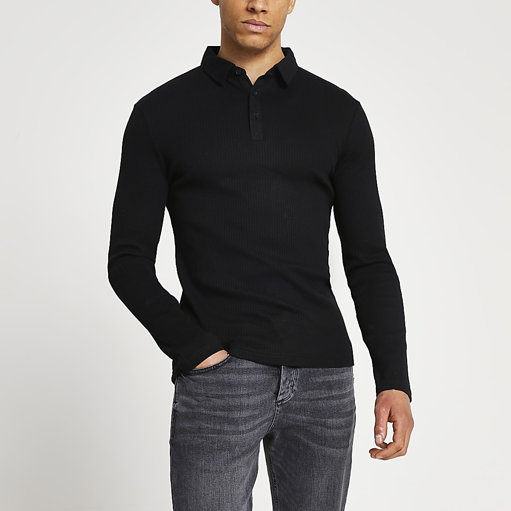 Black ribbed muscle fit polo shirt | River Island