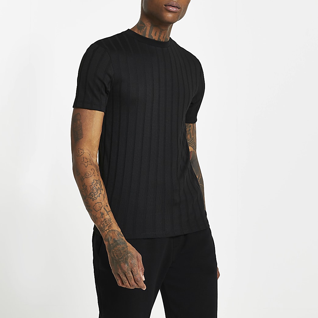 Black ribbed muscle fit t-shirt | River Island