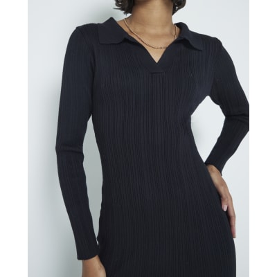 Black Ribbed Polo Midi Bodycon Dress River Island