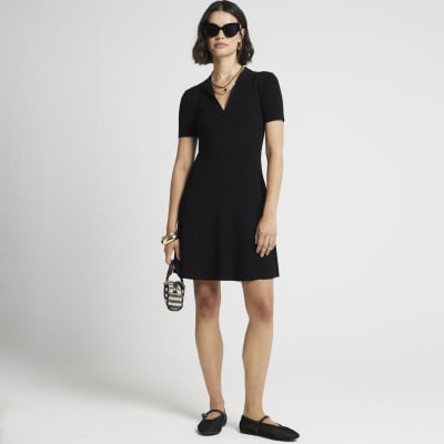 River Island Womens Black Ribbed Polo T-Shirt Mini Dress