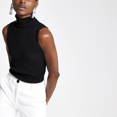 Black ribbed roll neck sleeveless top