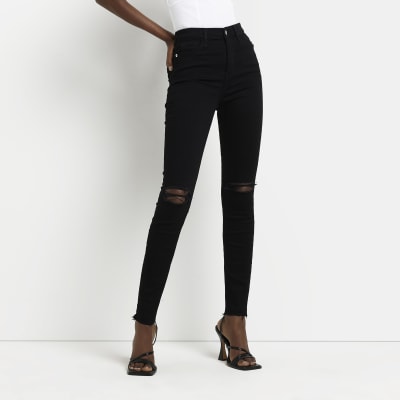 Black ripped high waisted skinny jeans River Island