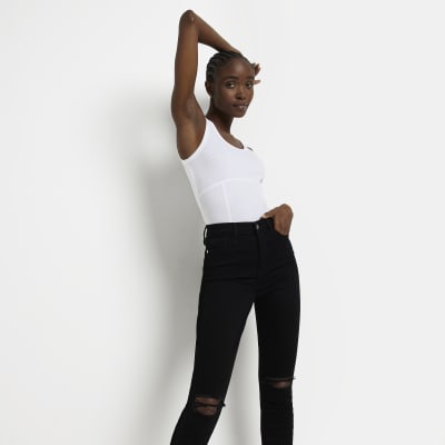 Black ripped high waisted skinny jeans River Island