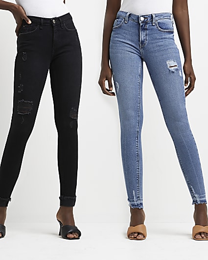 Black ripped mid rise skinny jeans multipack