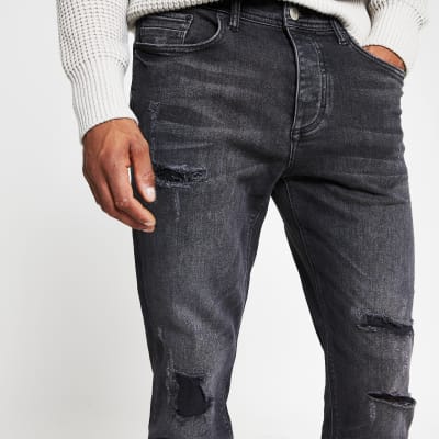 black ripped tapered jeans mens