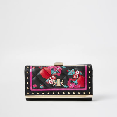 Black rose printed cliptop purse