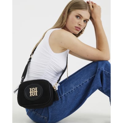 Black RR Faux Suede Monogram Cross Body Bag