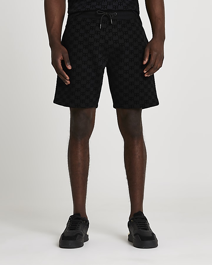 Black 'RR' Monogram print slim fit shorts