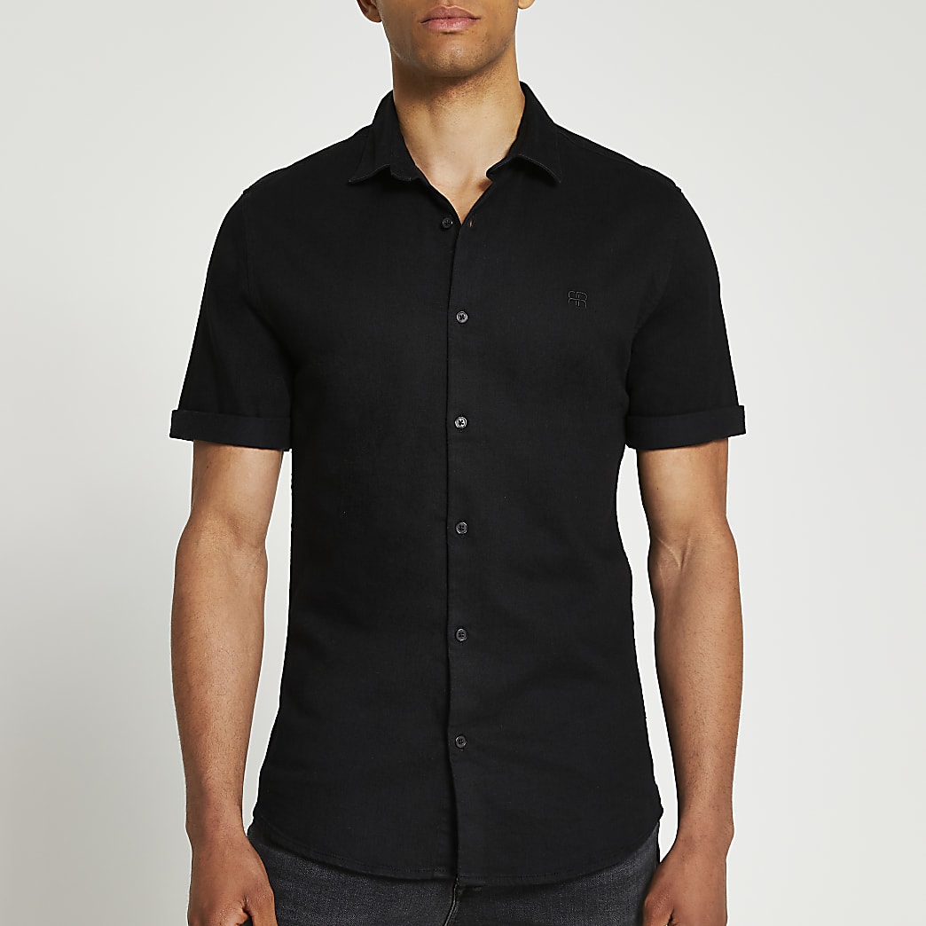 Black RR muscle fit short sleeve denim shirt | River Island