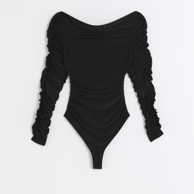 Black ruched bardot bodysuit River Island