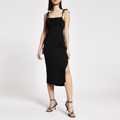 black ruched slip dress