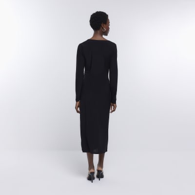 Black ruched bodycon midi dress