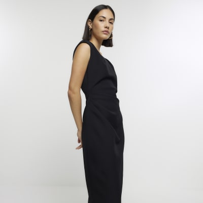 Black ruched bodycon midi dress | River Island