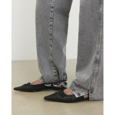 Black Ruched Bow Sling Back Flat Shoes