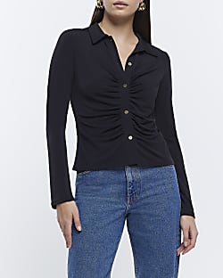 Black ruched buttoned up shirt