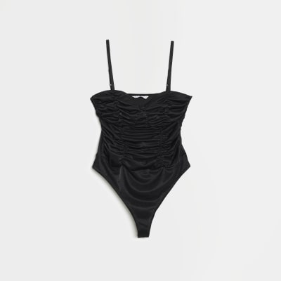 Black ruched corset bodysuit River Island