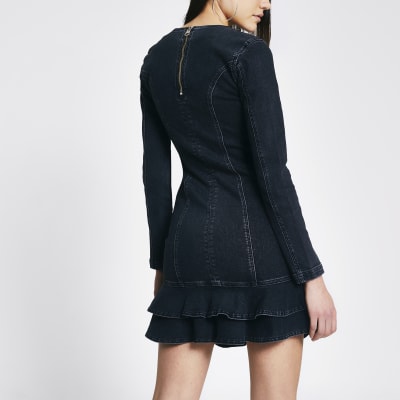 Black ruched front frill denim mini dress
