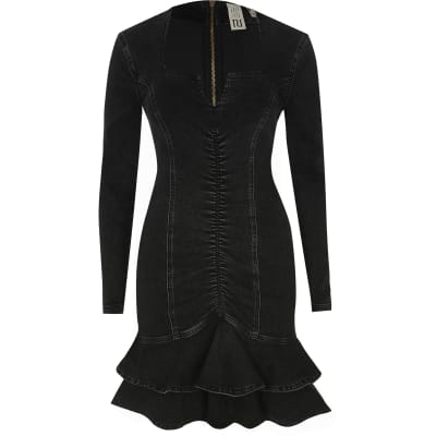 Black ruched front frill denim mini dress