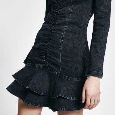 Black ruched front frill denim mini dress