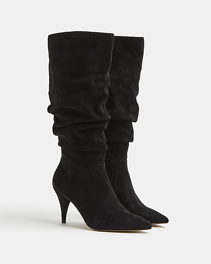 Black ruched heeled boots