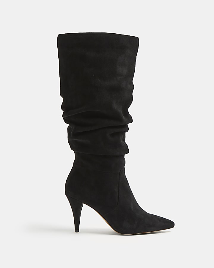 Black ruched heeled boots