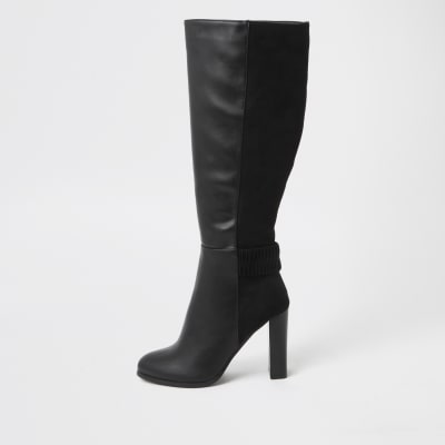 Black ruched high leg boots