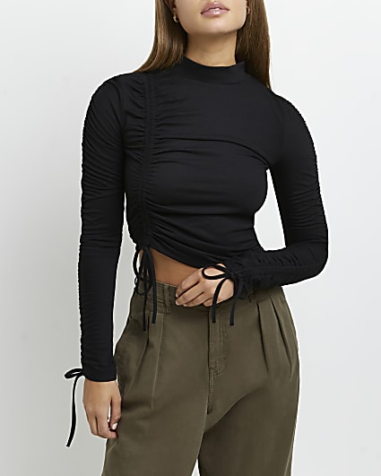 Black ruched high neck cropped top