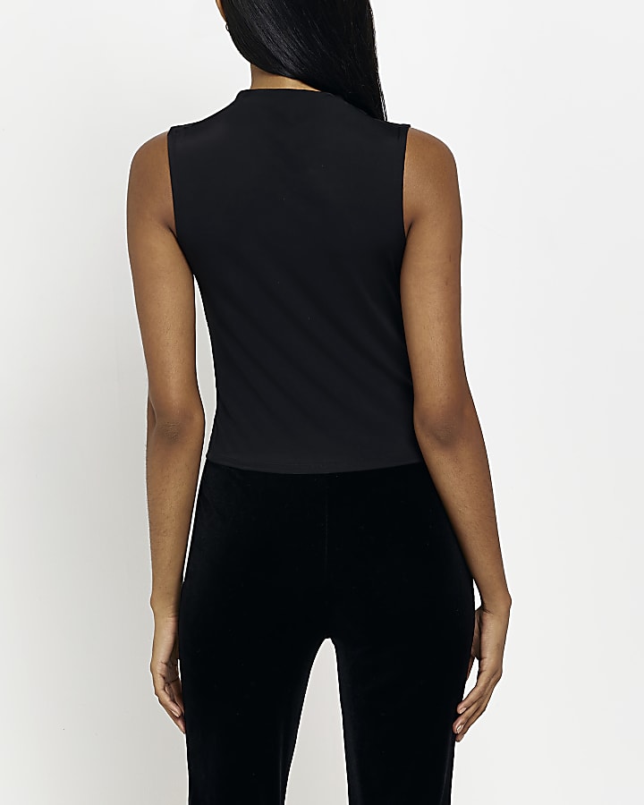 Black ruched high neck tank top