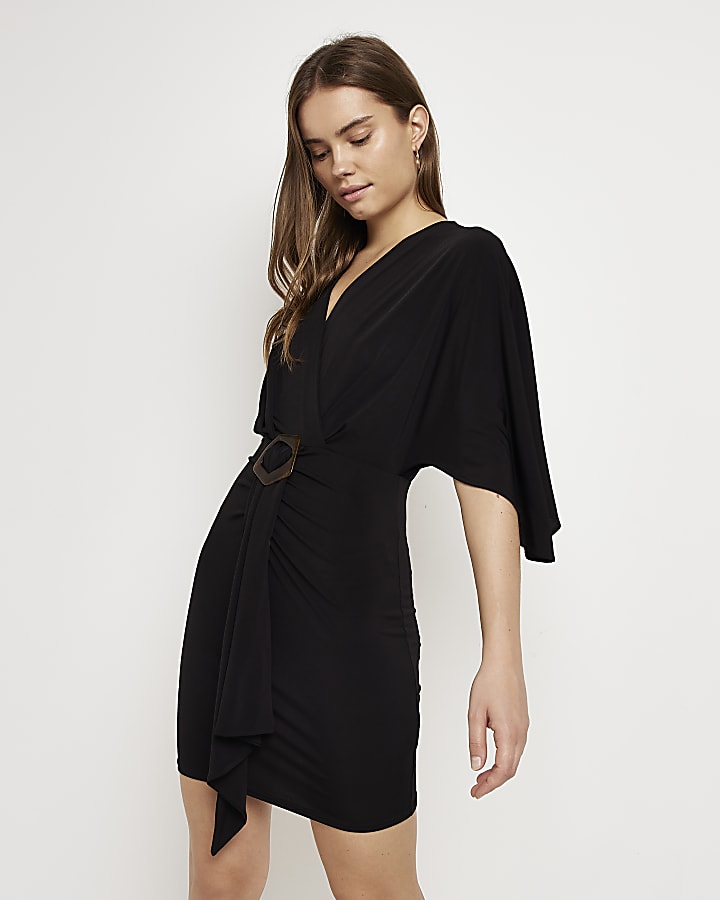 Black ruched mini swing dress