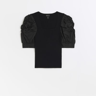 Black ruched short sleeve top River Island