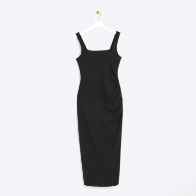 Black ruched side bodycon midi dress