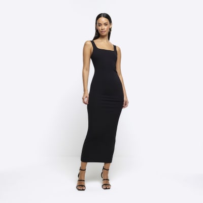 Black ruched side bodycon midi dress River Island