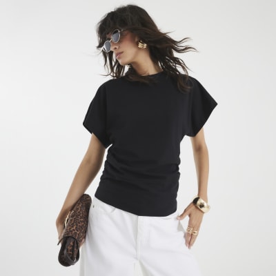 Black Ruched Side Kimono Sleeve T-shirt