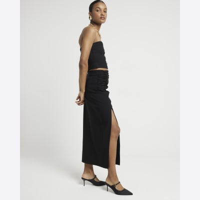 Black Ruched Side Midi Skirt River Island