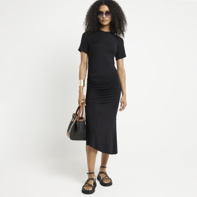 River Island Womens Black Ruched Side T-Shirt Midi Dress