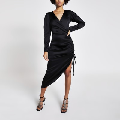 river island wrap long sleeve satin dress