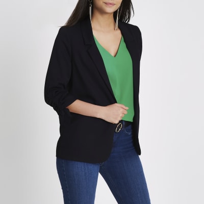 Black ruched sleeve blazer