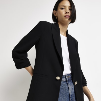 Black ruched sleeve blazer River Island