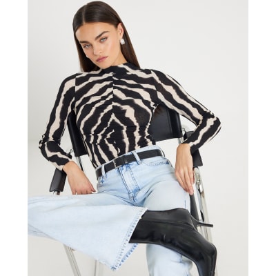 Black Ruched Wavy Print Mesh Top