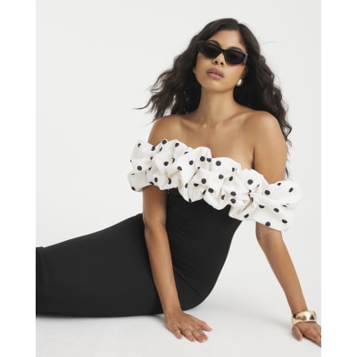 River Island Ball Gowns Black Ruffle Bardot Polka Dot Midi Dress
