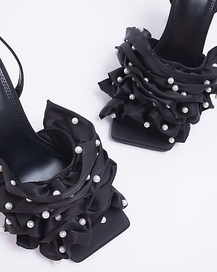 Black ruffle heeled sandals