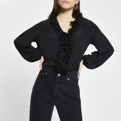 black long sleeve ruffle top