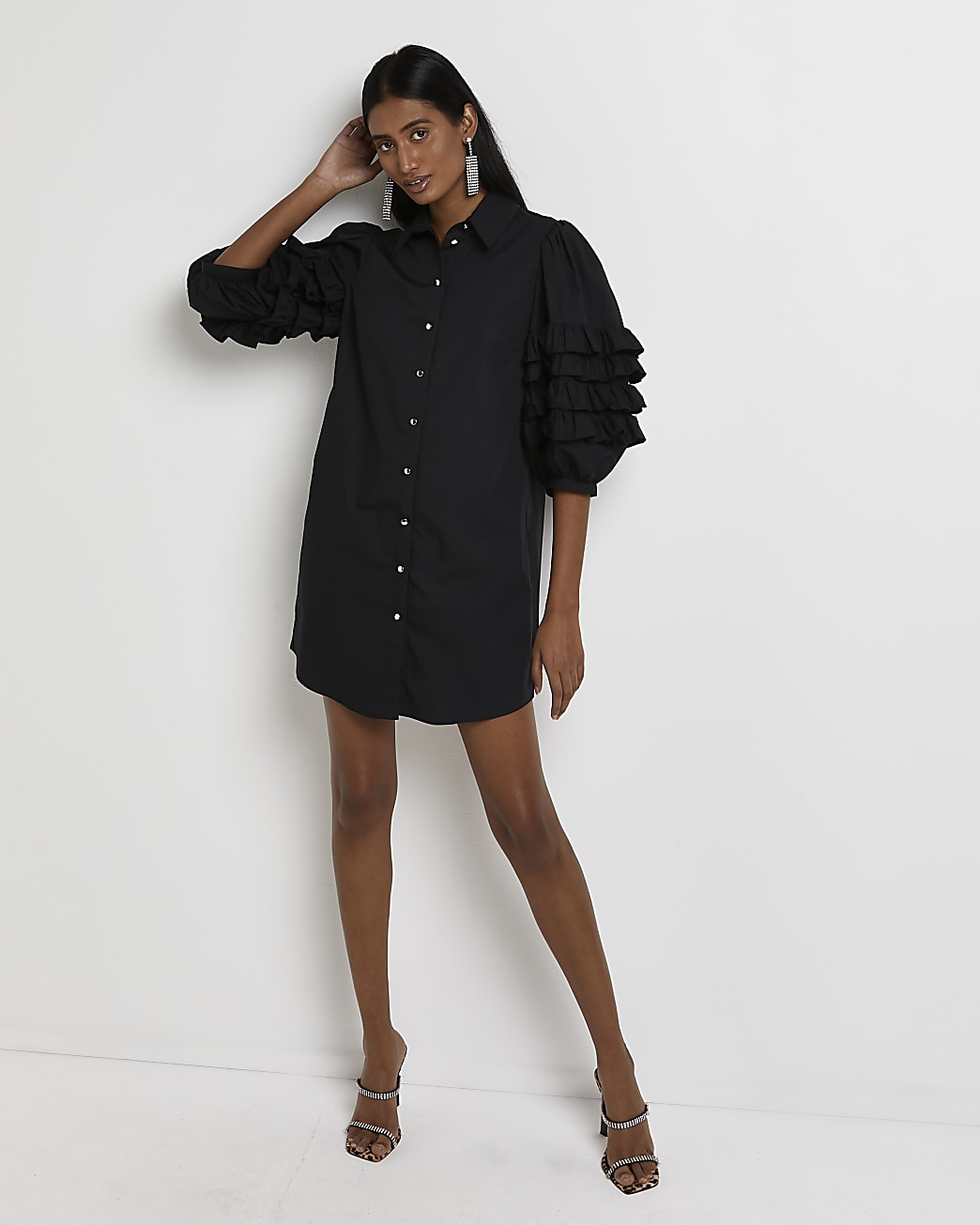 Black ruffled sleeve shirt dress